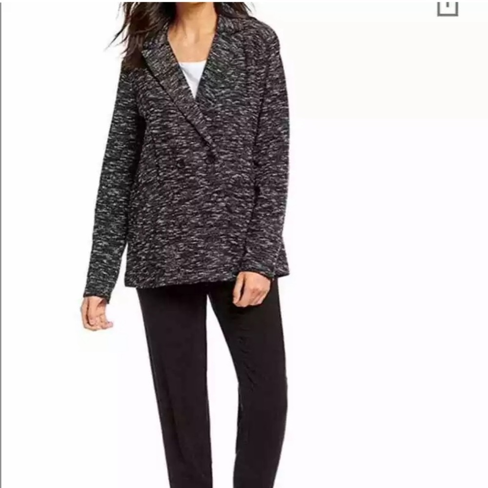 Eileen Fisher Textured Cotton Blend Blazer Marled Black and White Size Large